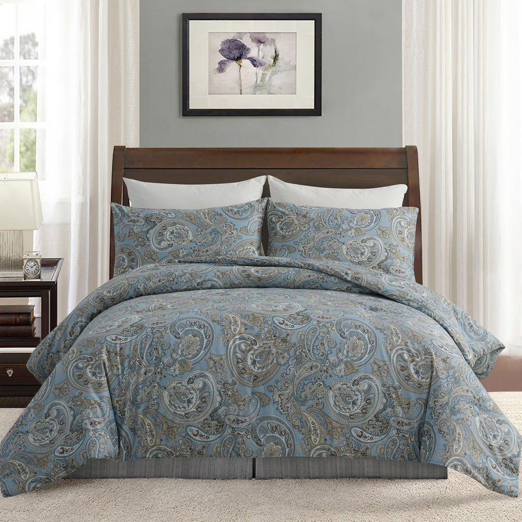 Blue Paisley Comforter Set King, 100% Cotton Boho Paisley Pattern Comforter Set 3 Pcs Soft Cotton Lightweight