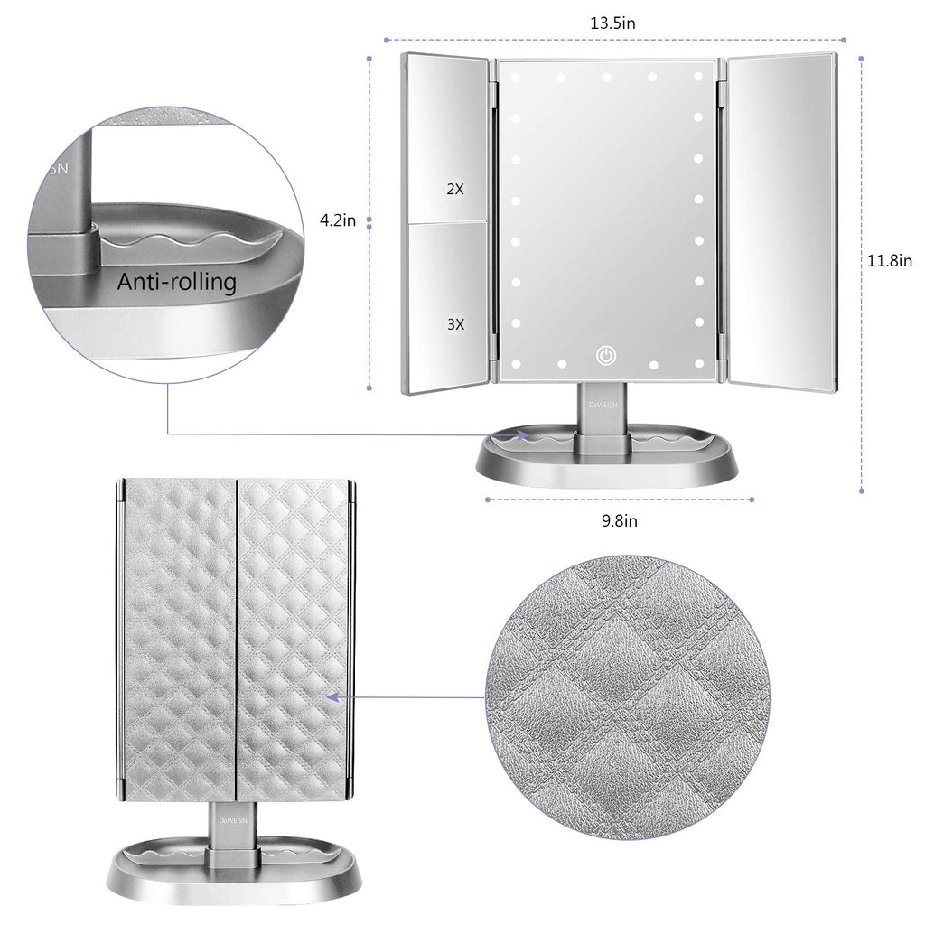 Trifold Lighted Vanity Makeup Mirror with 21 LED Lights,1/2/3 Magnification and Dimming,Two Power Supplies Makeup