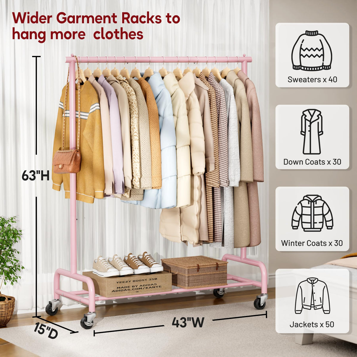 Heavy Duty Clothing Racks for Hanging Clothes Rack, 43" Wide Rolling Garment Rack Metal Clothing Hanger Rack with