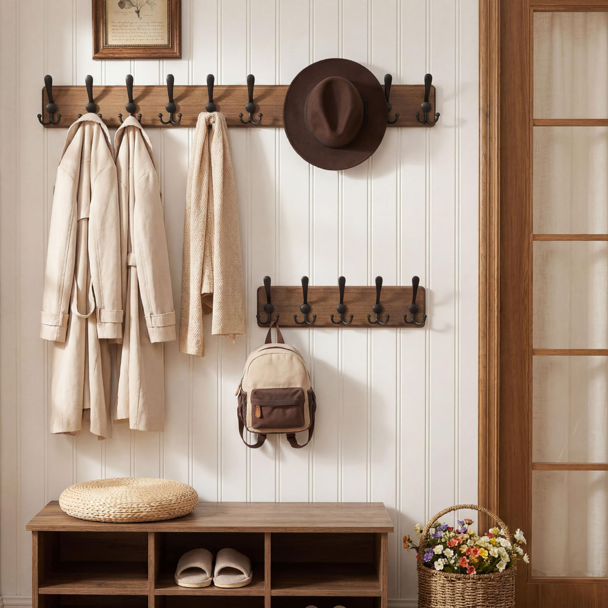 Coat Rack Wall Mount, 38 9/16" Long, 10 Hooks, Coat Hooks Wall Mounted, Coat Hanger Wall, Farmhouse Wood Hook Rack