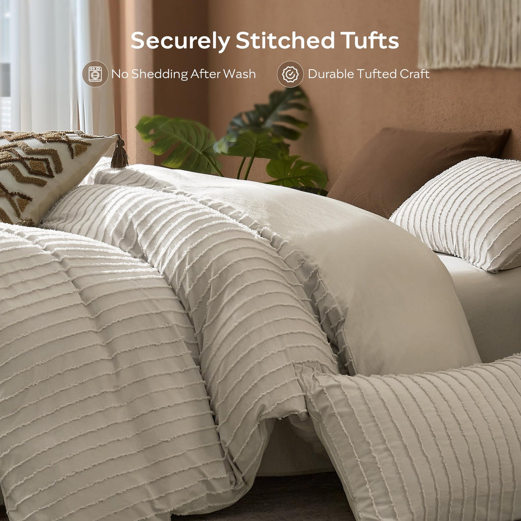 Oatmeal Striped Tufted Duvet Cover Set