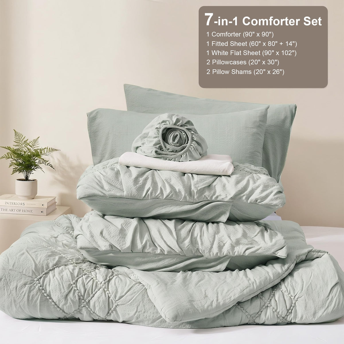 Comforter Set Green, 7-Piece Embroidered, Lightweight