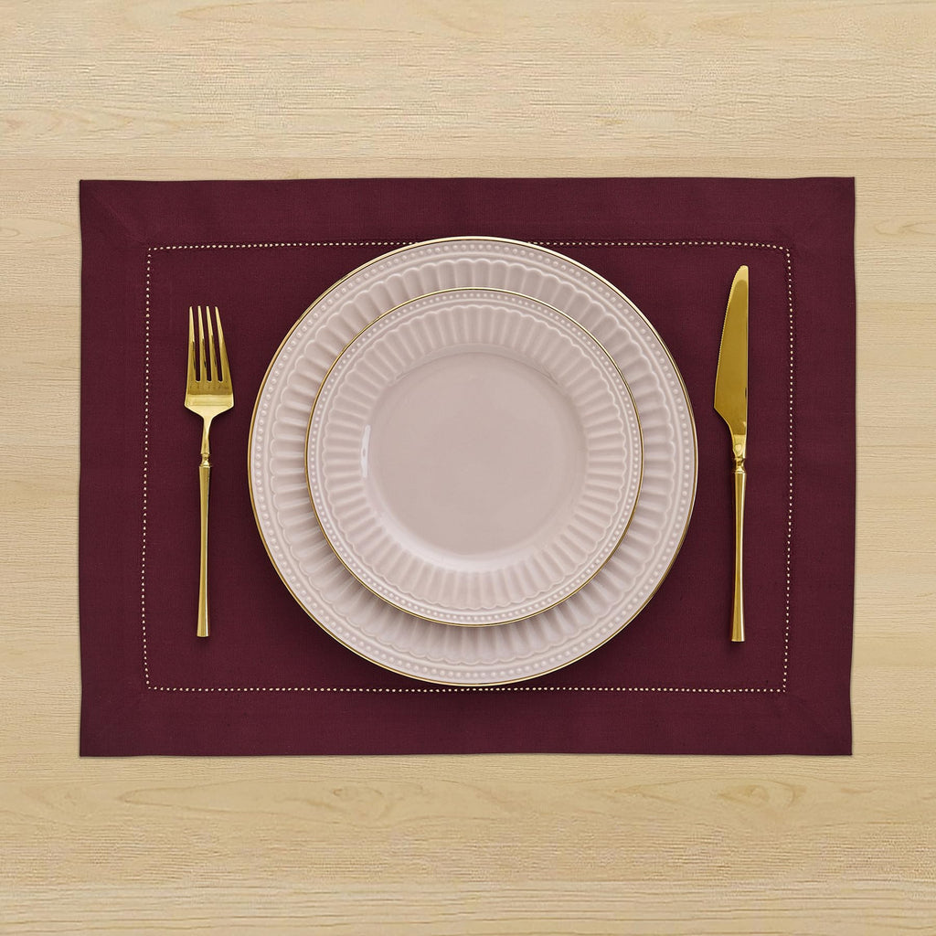 Cotton Linen Placemats Wine Hemstitch, 14 x 19 in, Set of 4