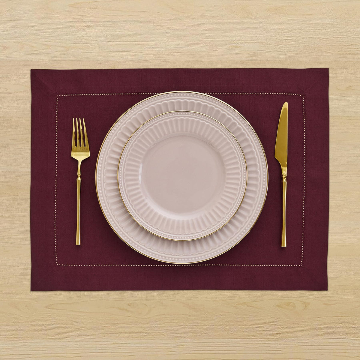 Cotton Linen Placemats Wine Hemstitch, 14 x 19 in, Set of 4