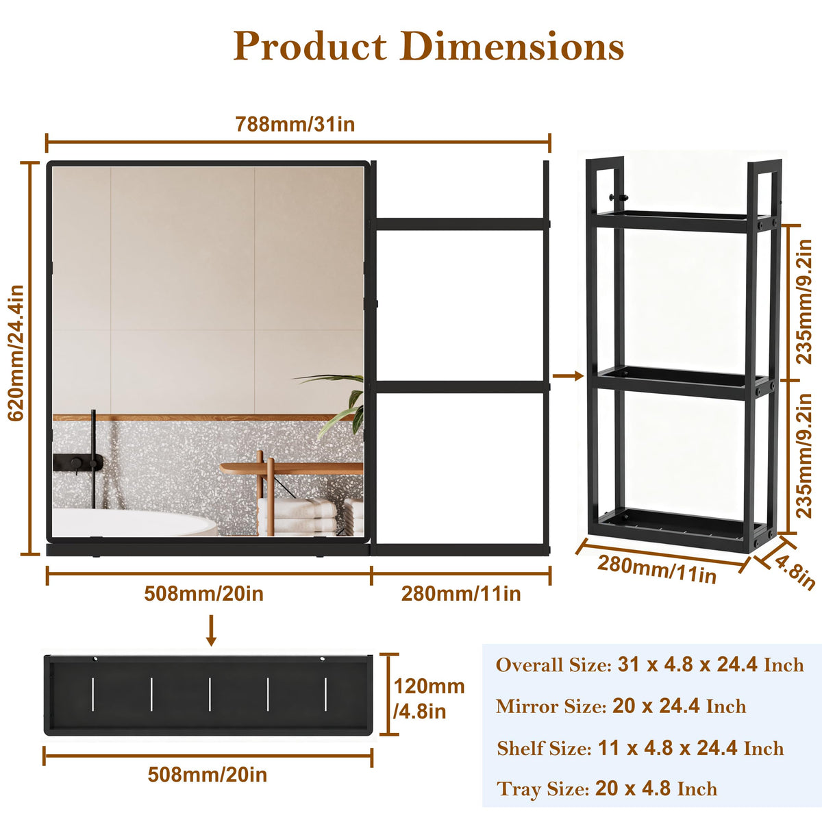 Bathroom Mirror with Shelf 31 x 24 Inch Wall Mirror with Storage