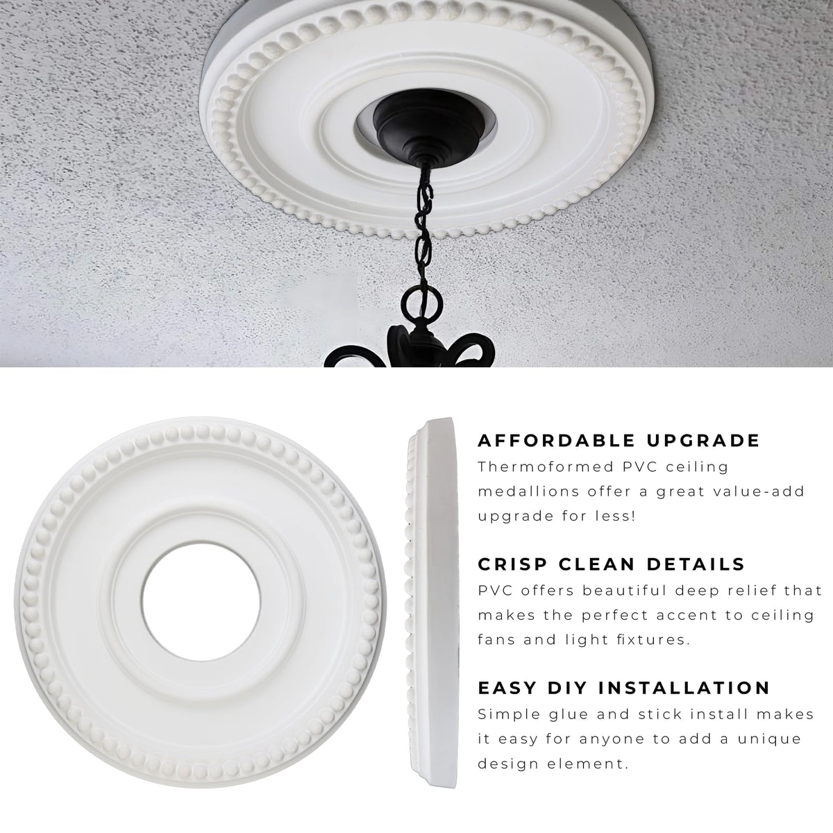 12 Inch OD x 4inch ID White Ceiling Medallion Plate - PU Plastic Decorative Cover for Fan, Light Fixtures, Chandelier