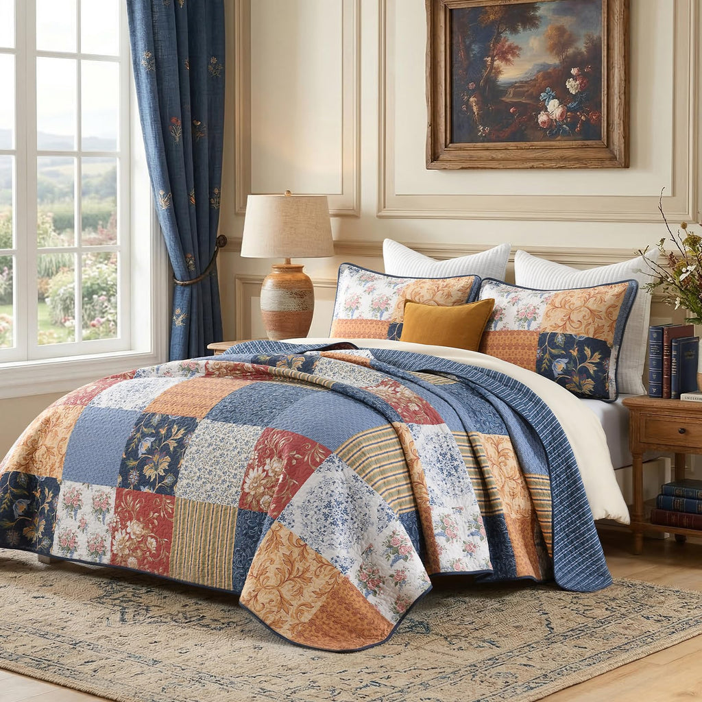 Vintage Cottage 100% Cotton Quilts, Patchwork Floral Plaid