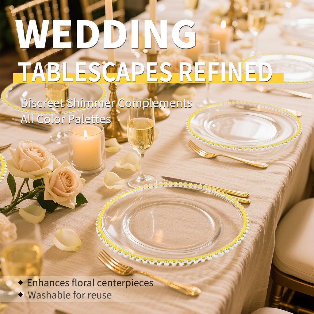 24 Pack Clear Charger Plates With Gold Beaded Rim - 13 Inch Plate Chargers for Dinner, Acrylic Decorative Plates
