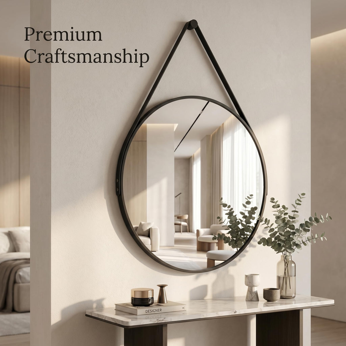 20" Black Round Mirror, Circle Wall Mirror with Leather Strap