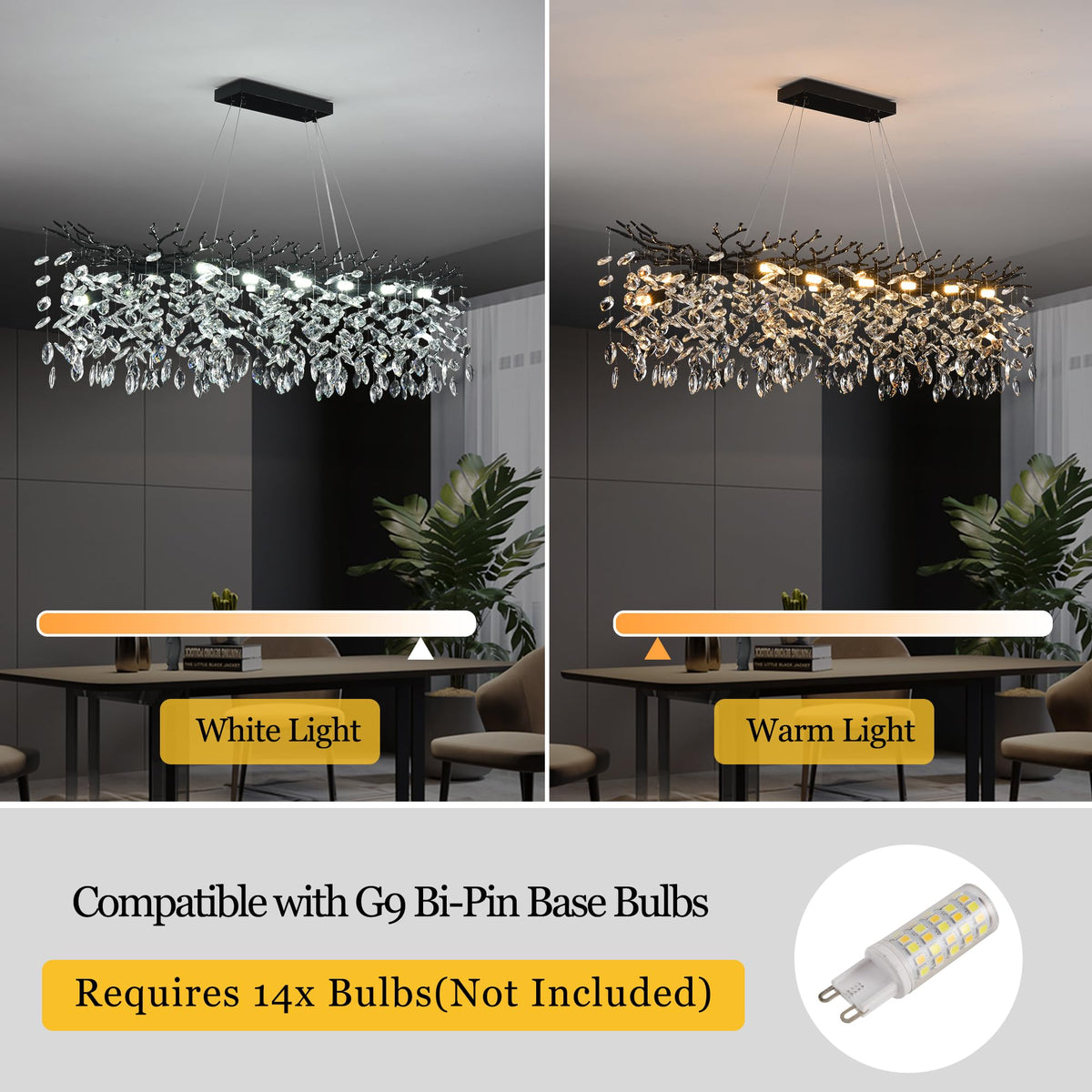 47.3" Black Modern Crystal Rectangular Raindrop Chandelier