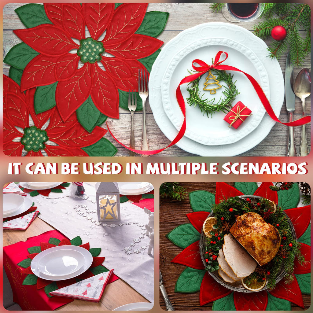 Christmas Poinsettia Placemats Set of 6, 14 Inch Embroidered Table Mats