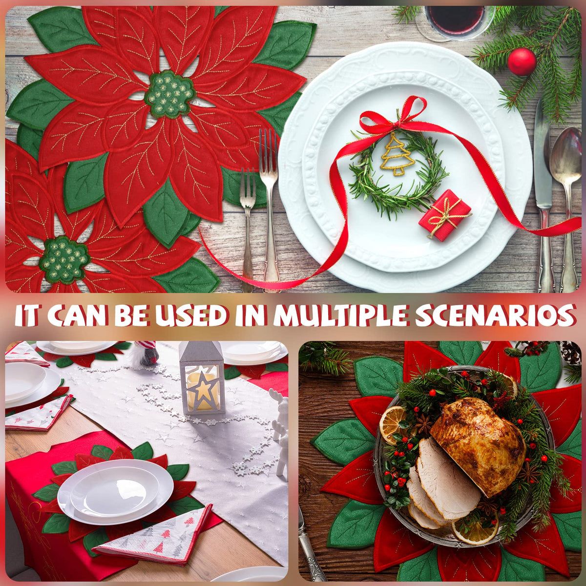 Christmas Poinsettia Placemats Set of 6, 14 Inch Embroidered Table Mats
