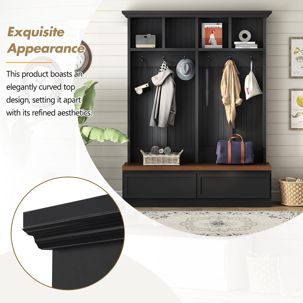 Farmhouse Wood Hall Tree with Bench and Storage Drawers, 4-in-1 Coat Rack with 6 Hooks for Entrance, Hallway Black