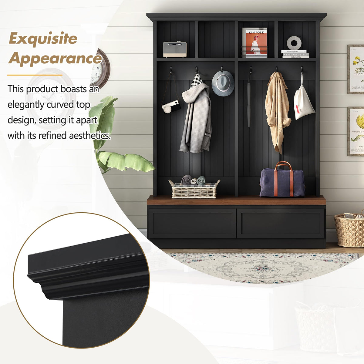 Farmhouse Wood Hall Tree with Bench and Storage Drawers, 4-in-1 Coat Rack with 6 Hooks for Entrance, Hallway Black