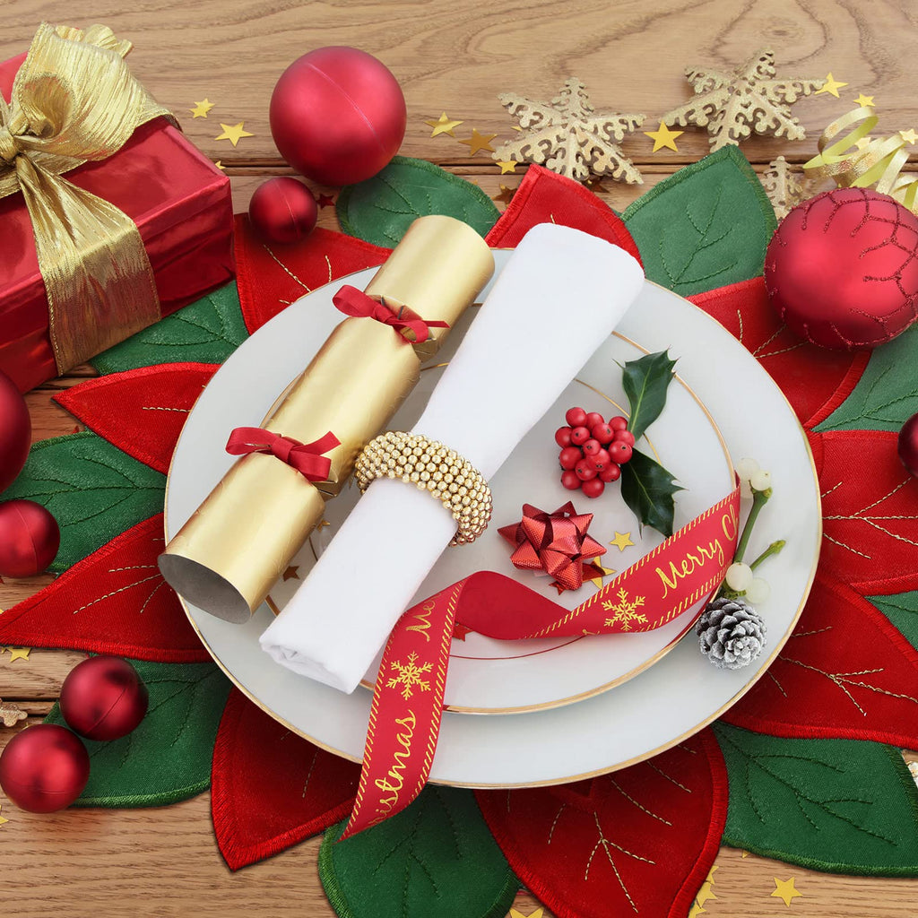 Christmas Poinsettia Placemats Set of 6, 14 Inch Embroidered Table Mats