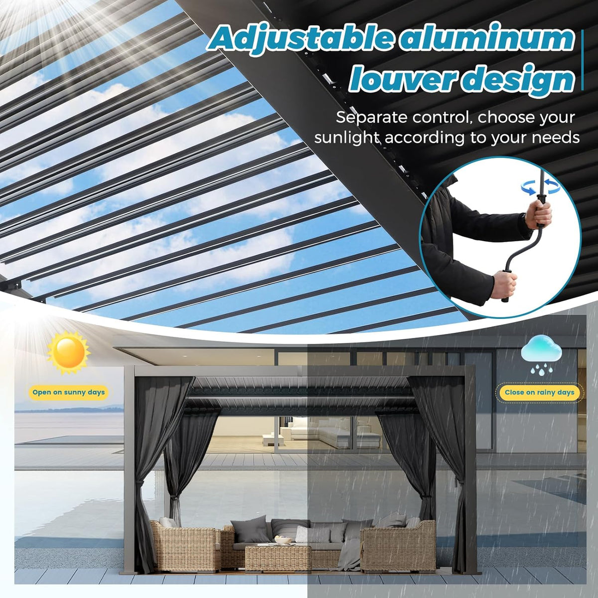 Outdoor Louvered Pergola 10' x 13', Aluminum Pergola with Adjustable Roof
