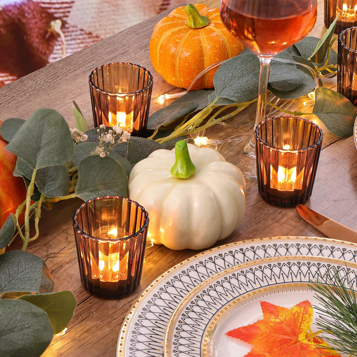 24Pcs Vintage Ribbed Amber Votive Candle Holders, Fall Centerpieces for Tables, Tealight Candle Holder for