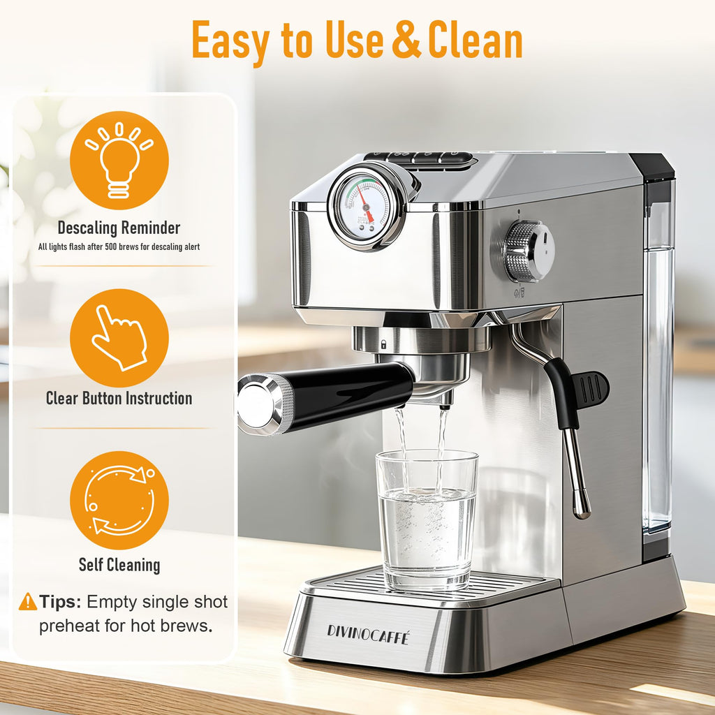 Compact Espresso Machine with Milk Frother and Pressure Gauge, 20 Bar Pump