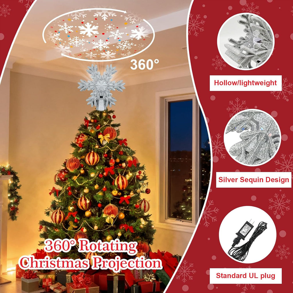 Tree Topper Lighted with LED Rotating Silver Snowflake Projector, 3D Hollow Glitter Lighted Silver Snow Christmas