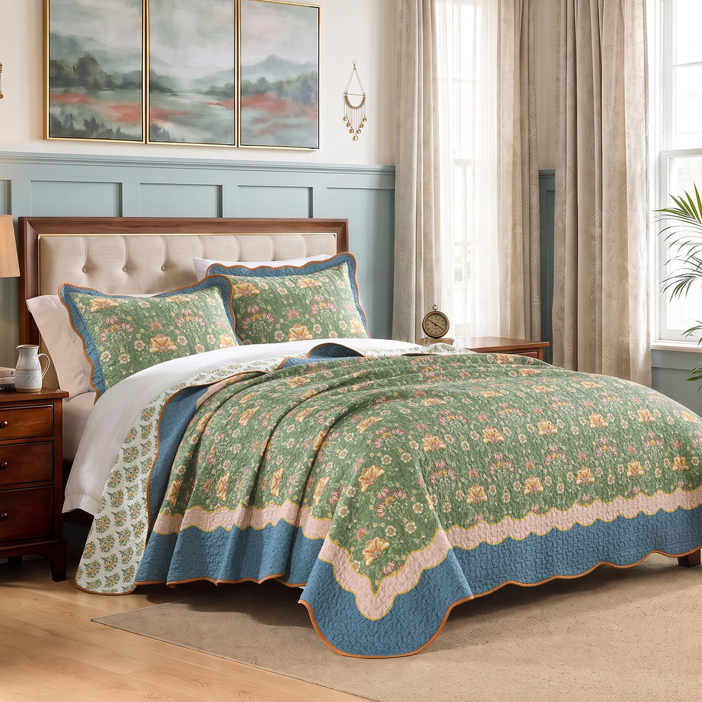 100% Cotton Quilt Set, Vintage Farmhouse Floral, Sage Green