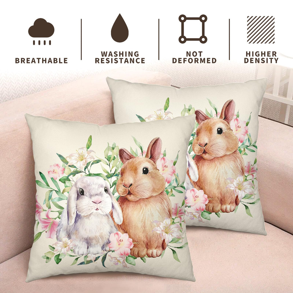 Easter Bunny Flowers Pillow Covers 18x18 Inch Spring Watercolor Rabbit Floral Pillow Cases Set of 2 Farmhouse Outdoor