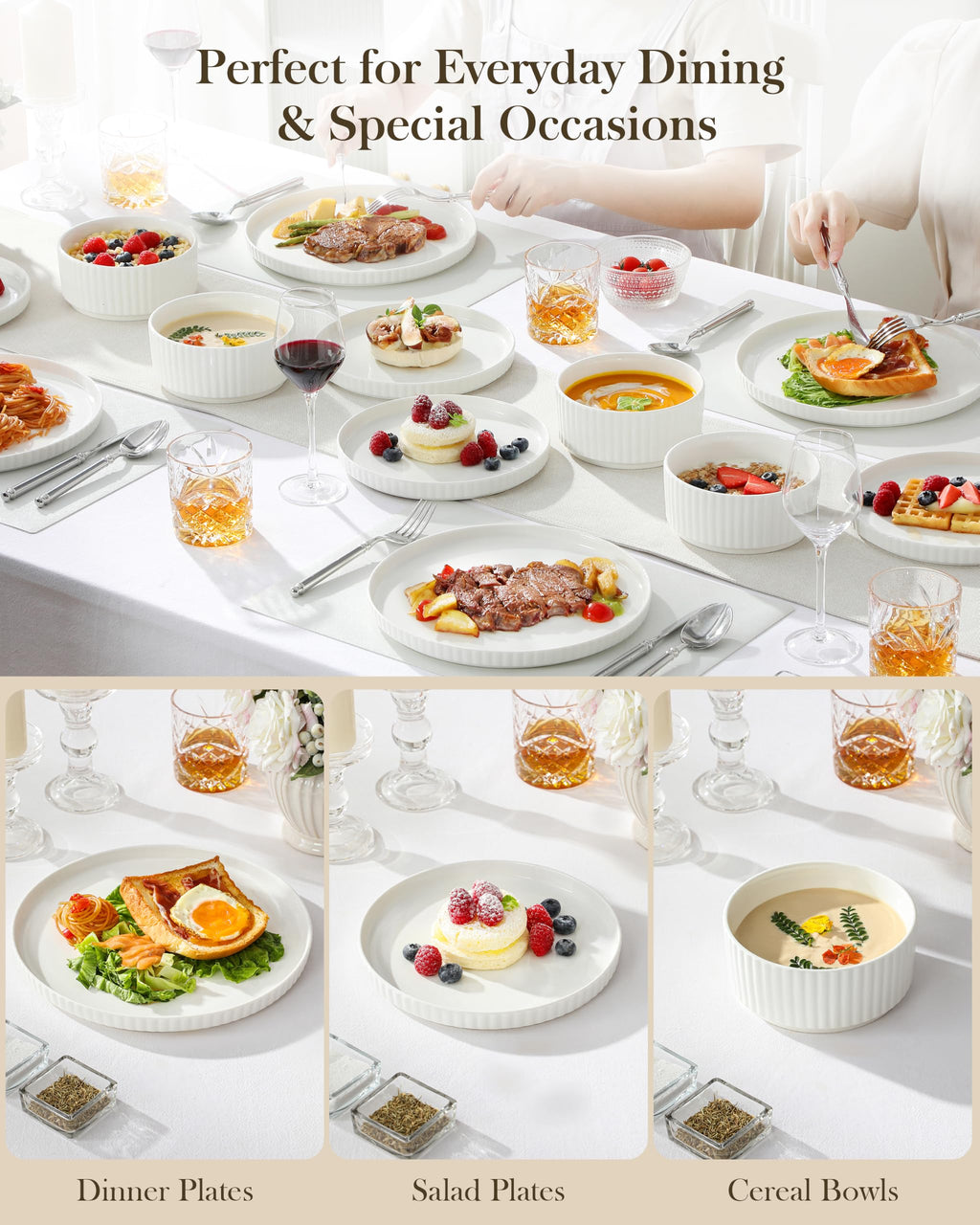 Porcelain 24 Pieces Plates and Bowls Set, Dinnerware Set for 8