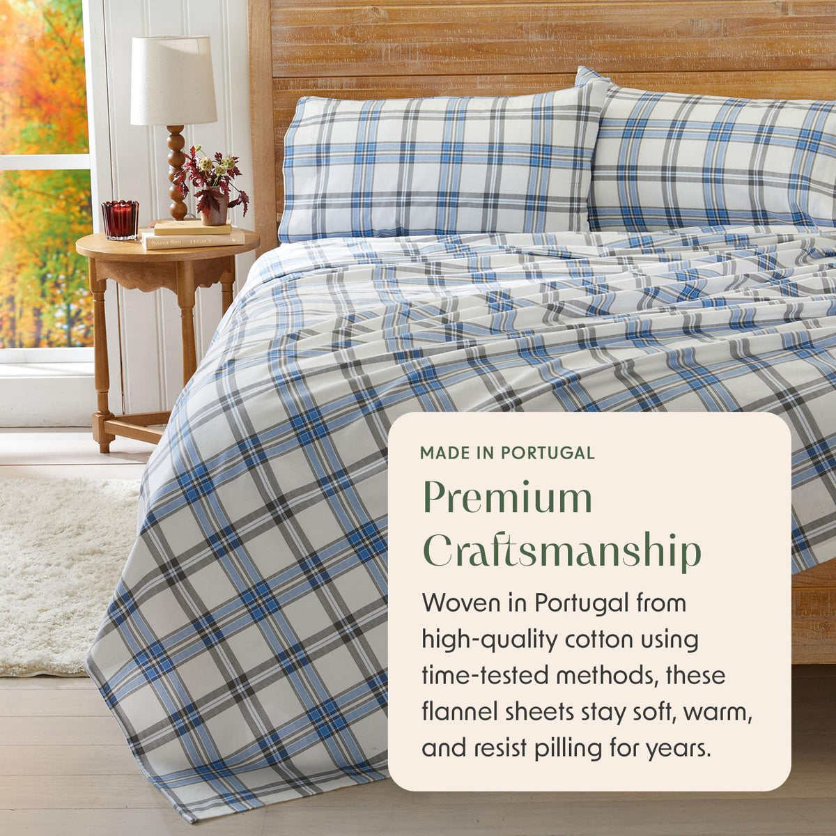 Portuguese Flannel Sheets | 100% Cotton - Plaid - Blue