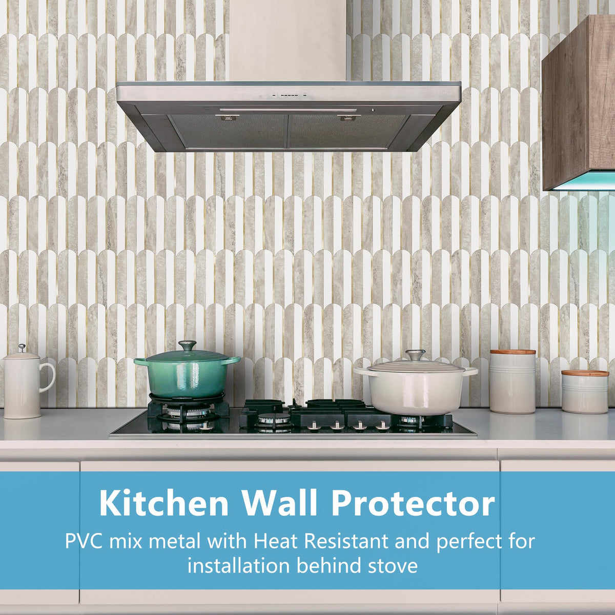 Peel and Stick Backsplash Seamless Tile ,White and Beige Slate PVC Mixed Light Gold Self Adhesive Fish Scale Metal
