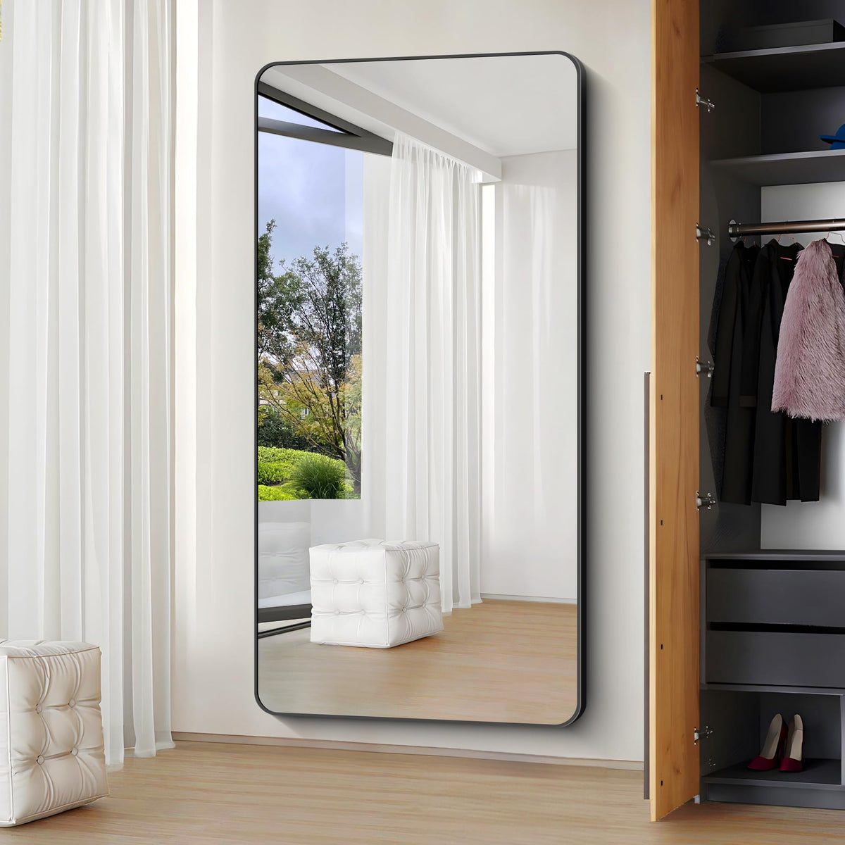 Large Bathroom Mirror 72x36 inch, Black Rectangle Mirrors with Metal Frame, Rounded Corner Rectangular Mirror