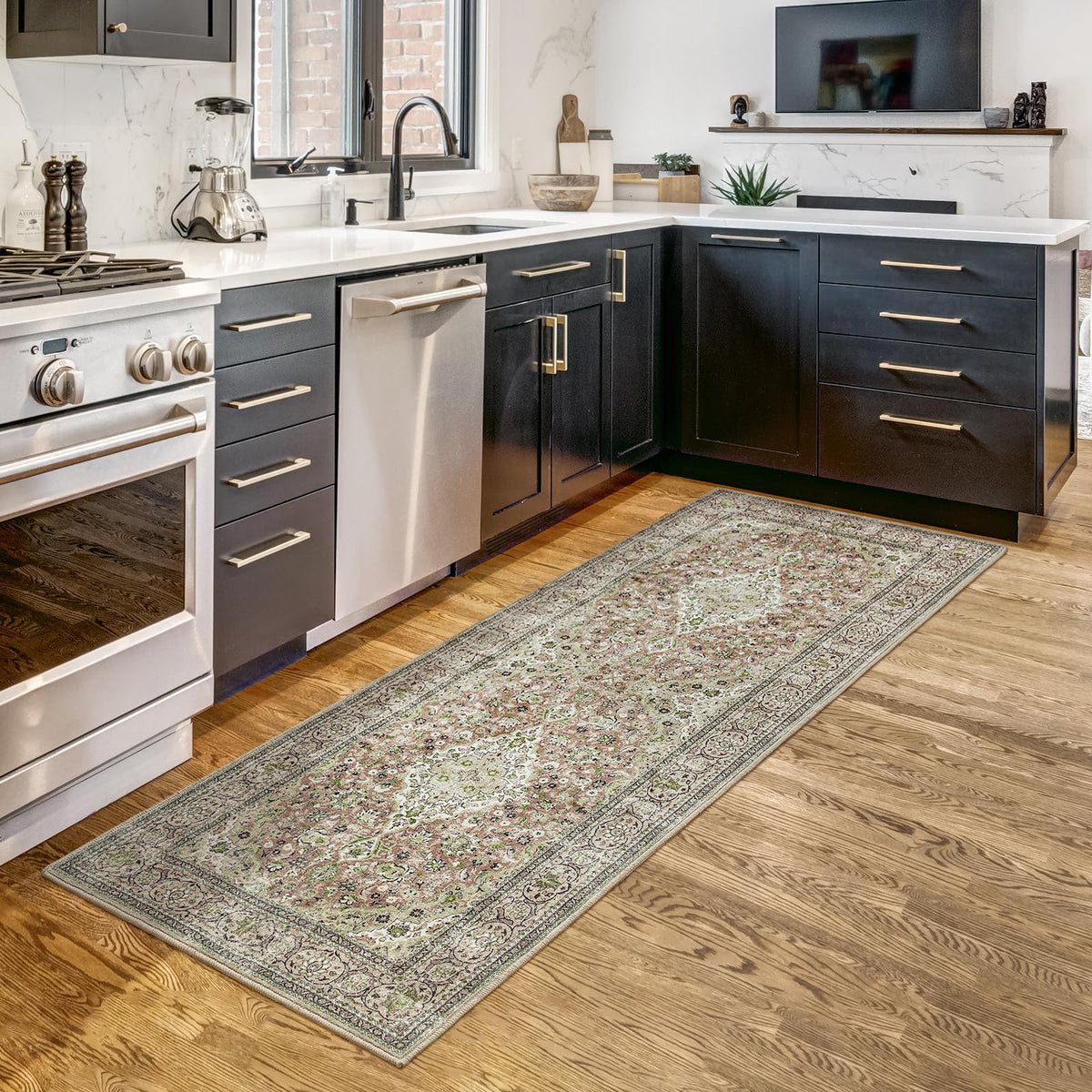 Washable Runner Rug, Sage Green Rugs Non Slip, Indoor Low Pile Carpet with Rubber Backing Kitchen Bathroom
