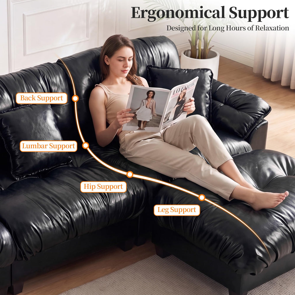 124" Black Leather U Shape Cloud Couch, 3 Seat Modular Sectional Sofa