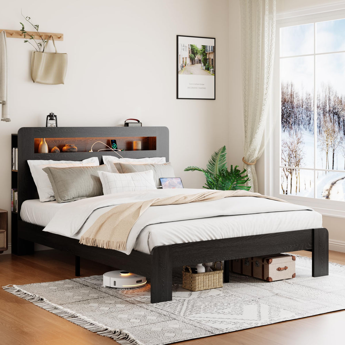 Wooden Bed Frame with Storage Headboard Farmhouse Bed Frame