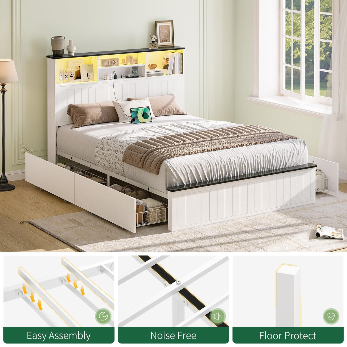 Bed Frame with Headboard - Farmhouse Wooden Bed Frame