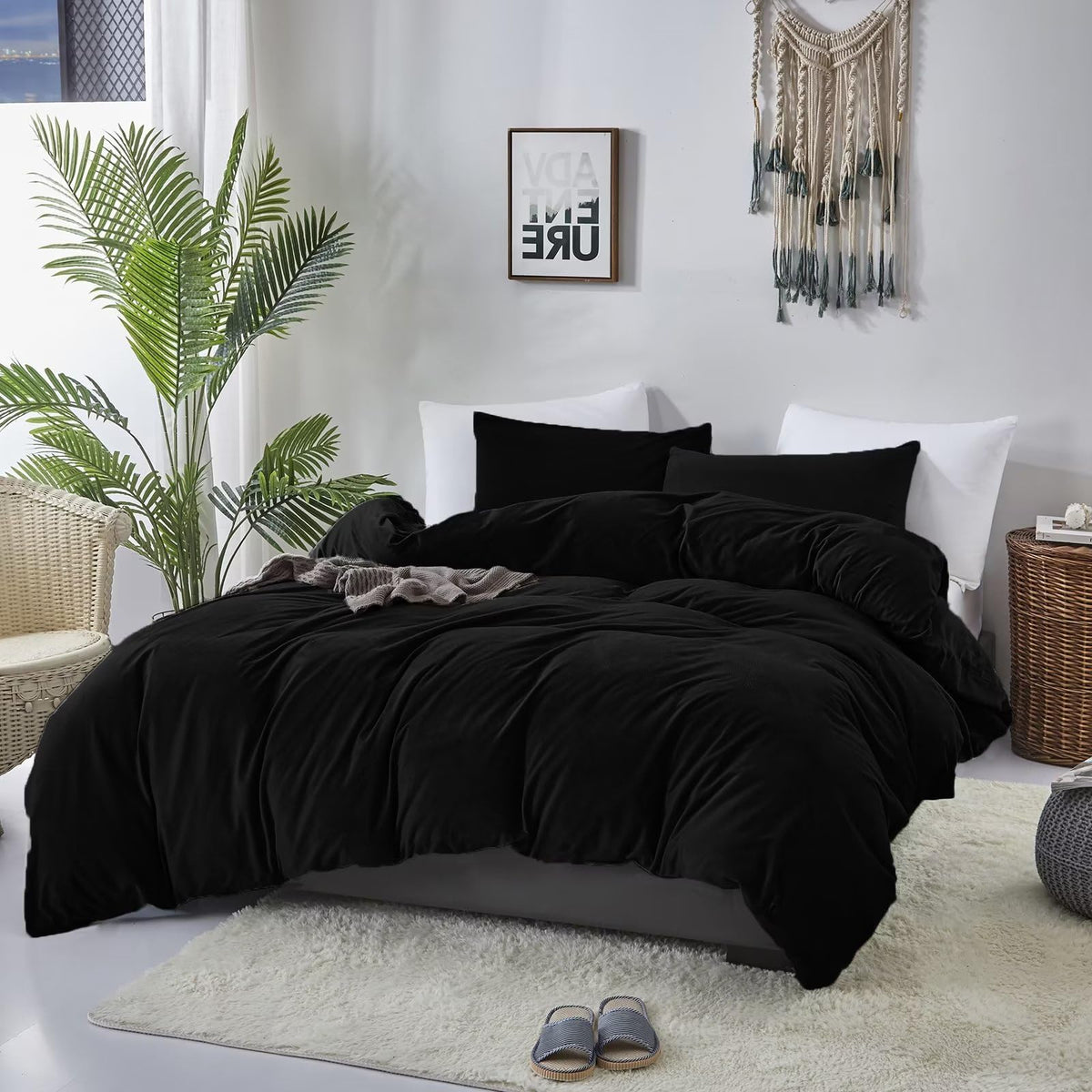 Black Velvet Comforter Set Plush Fluffy Black Flannel Bedding Set Bedding Set Heavyweight Blanket Quilts Modern