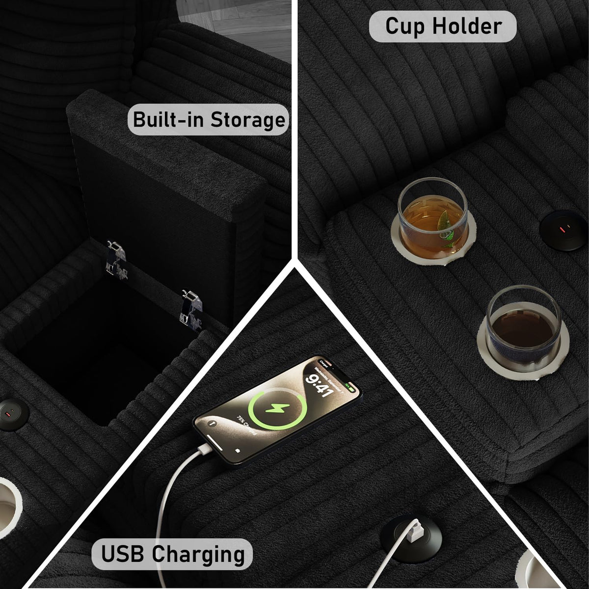 143" Oversized U Shaped Cloud Couch Sectional Sofa with 2 Ottoman, Black