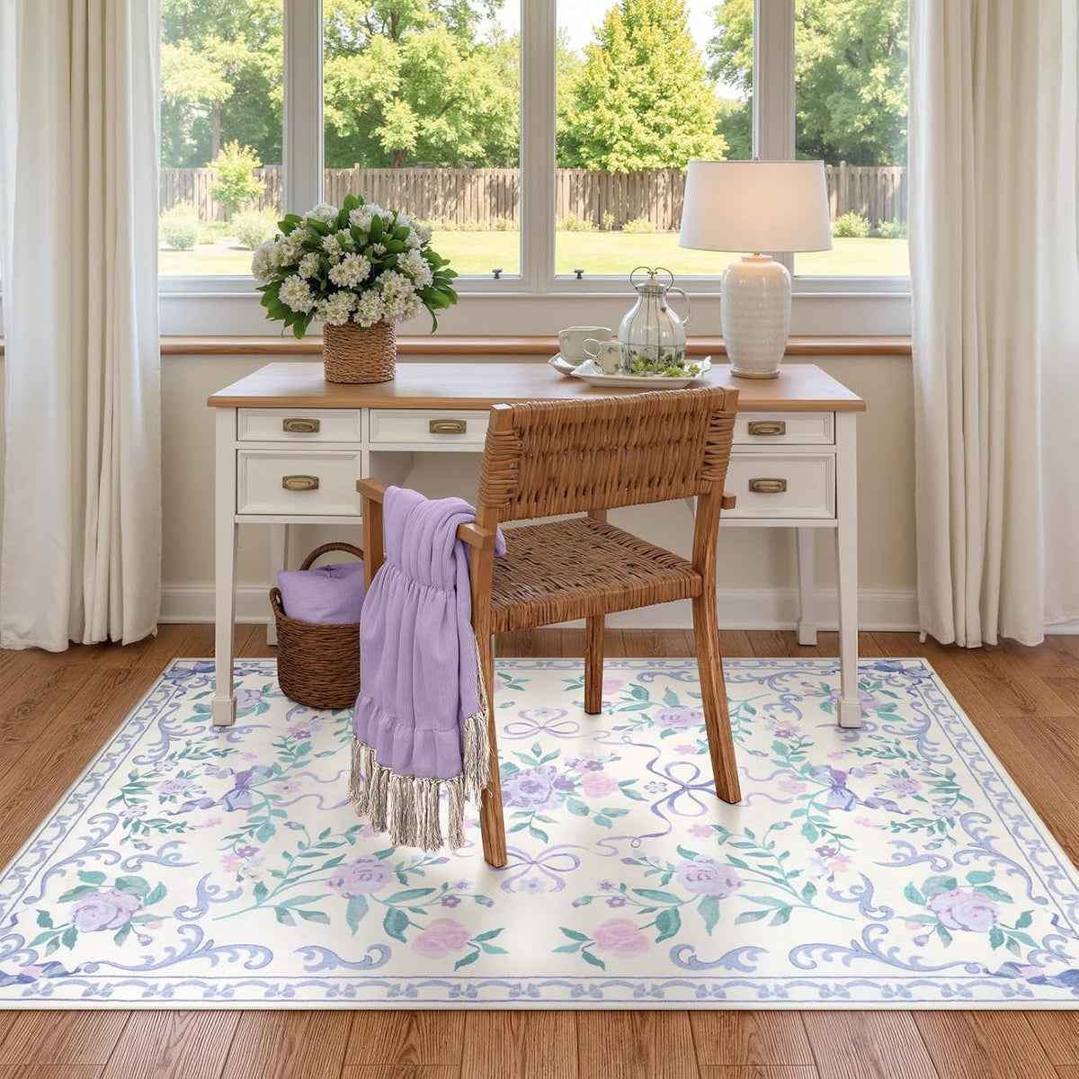 Purple Floral and Bow Washable Nursery Rug for Girls Bedroom