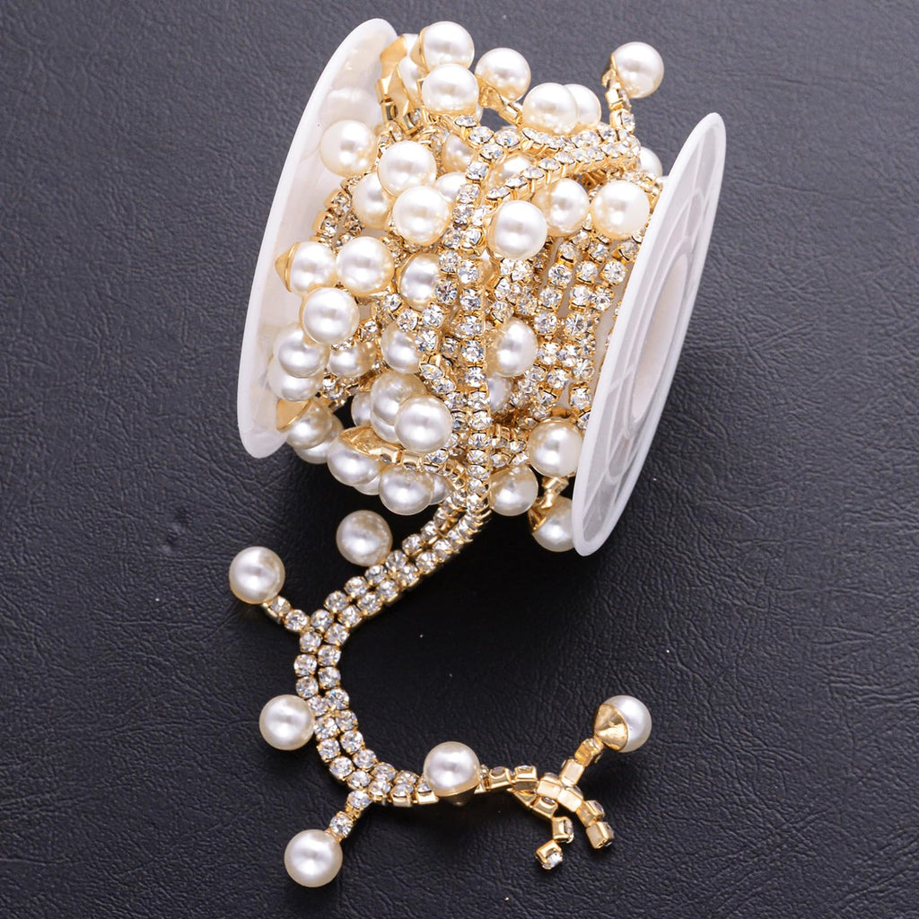 Pearl Tassel Crystal Rhinestone Trim, Inlaid Pearl Beaded Chain - 1 Yard