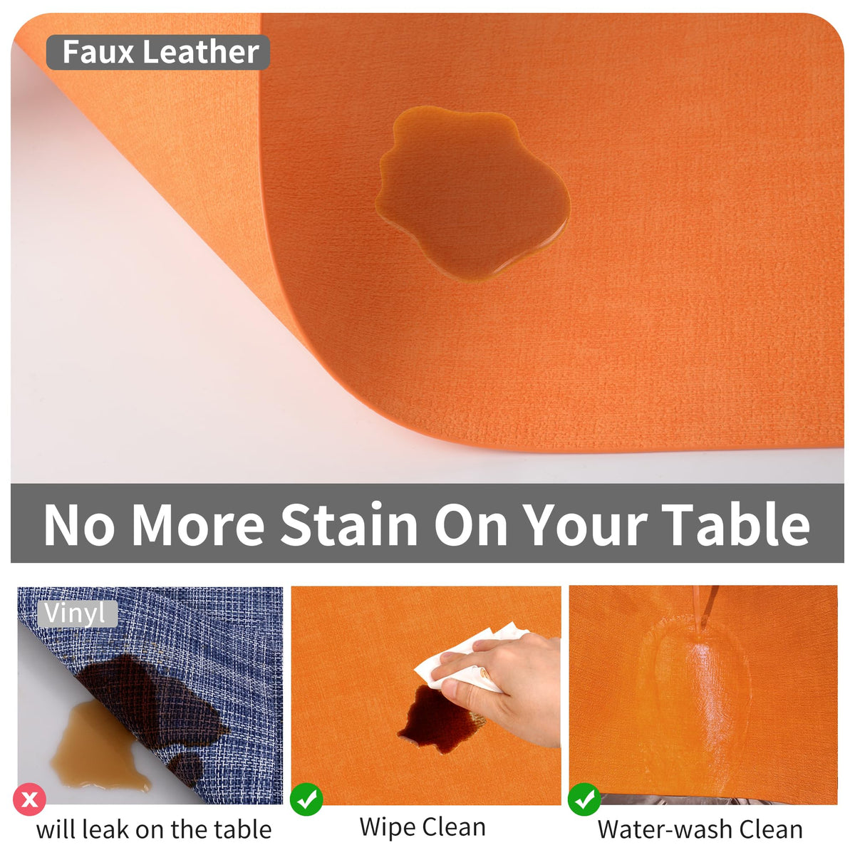 Faux Leather Placemats Set of 6, Easy to Clean, Pumpkin Orange