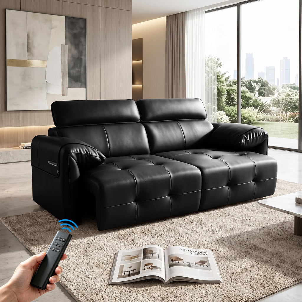 Genuine Leather Electric Pull Out Couch, Power Reclining Sofa with Adjustable Headrests | Extendable Footrest | USB &