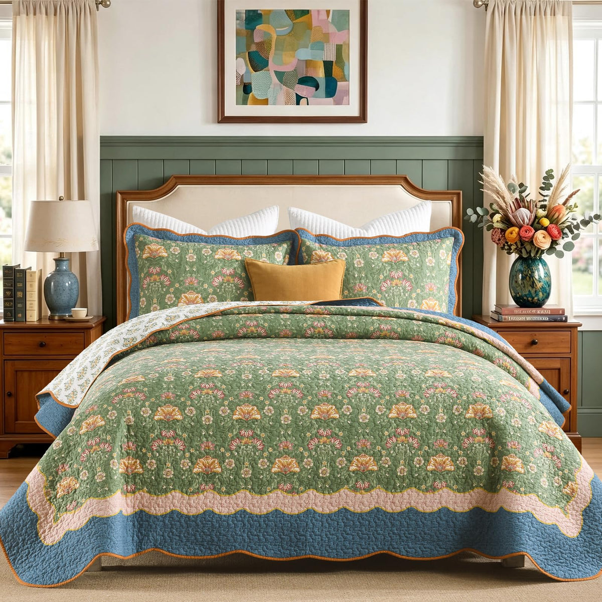 100% Cotton Quilt Set, Vintage Farmhouse Floral, Sage Green