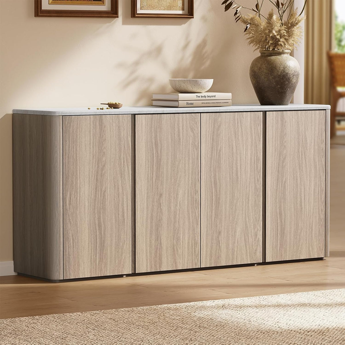 67" Sideboard Buffet Cabinet with Faux Travertine Texture, Storage Credenza with 4 Doors & Adjustable Shelves
