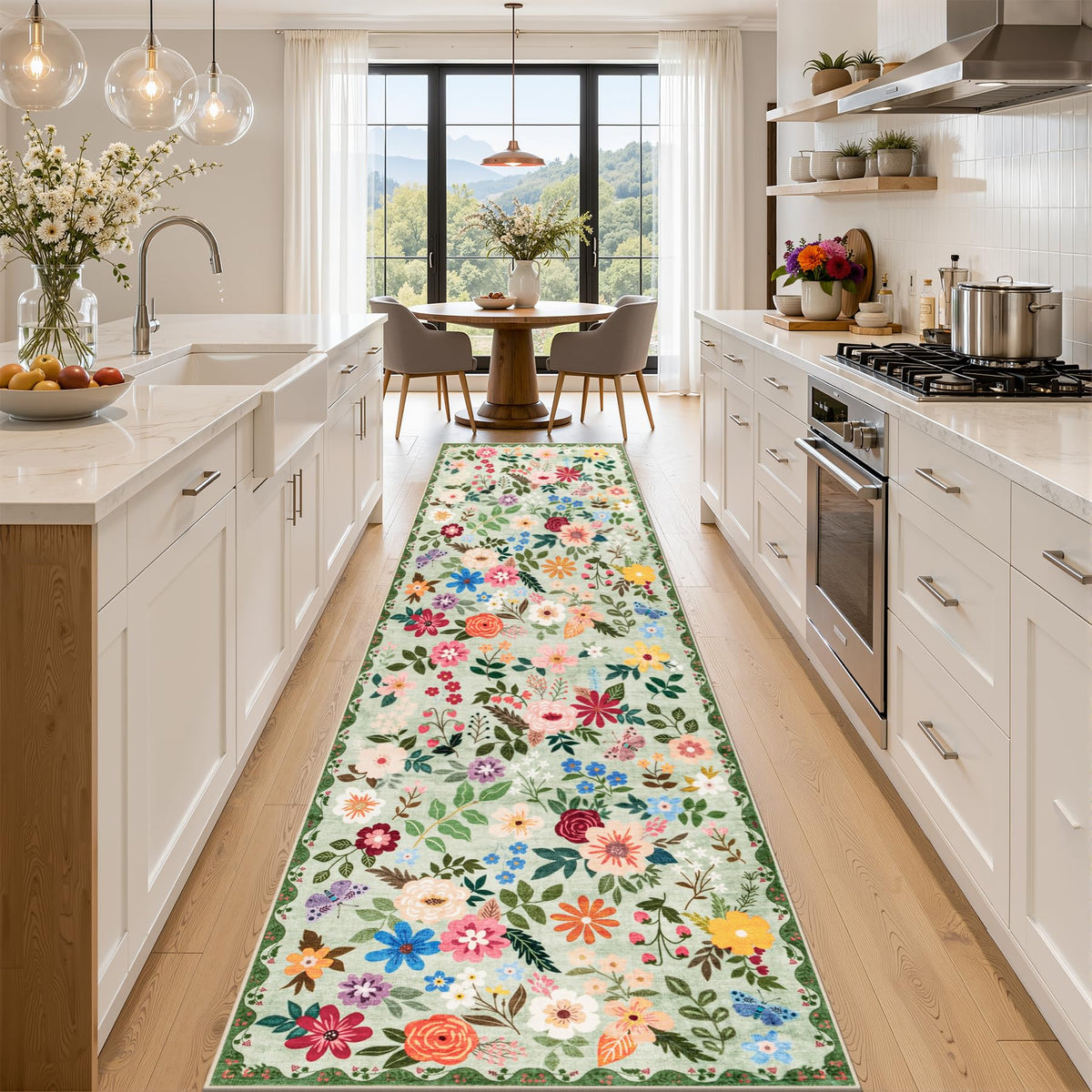 2.6x14 Washable Runner Rug:Floral Indoor Kitchen Soft Carpet Green
