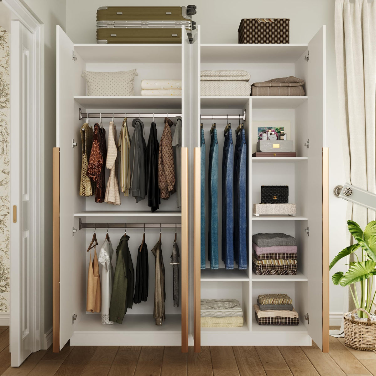 63" W Wardrobe Closet Armoire with 4 Glossy Doors, Wooden Bedroom Clothing Storage Cabinet with 3 Hanging Rods & 10
