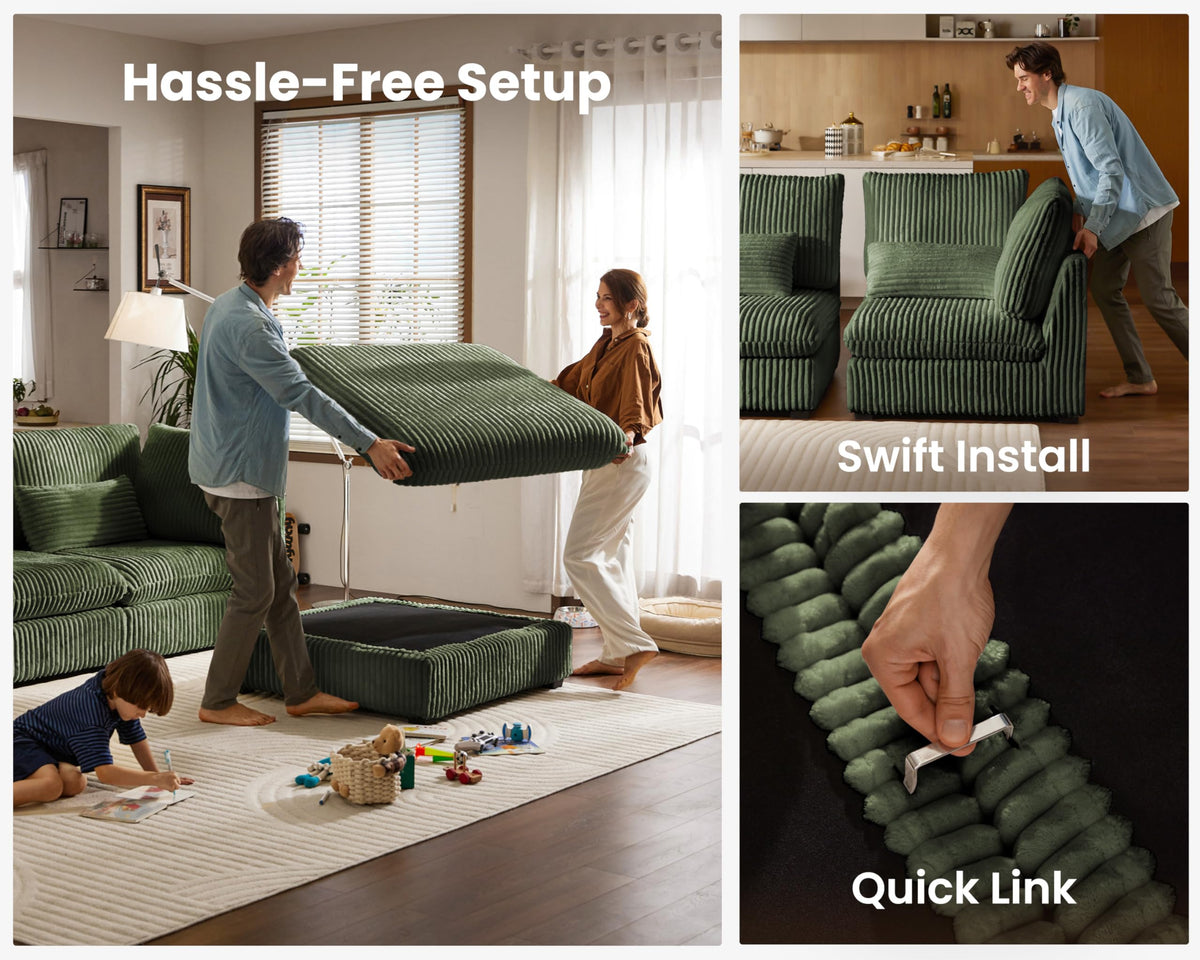 154" Oversize Corduroy Modular Sectional Sofa Couches, Green