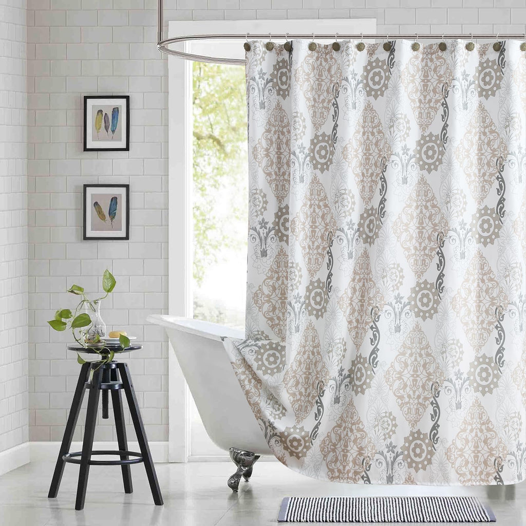 Stall Fabric Shower Curtain, White and Beige Boho Damask Print Shower Curtains, 54" W x 72" H