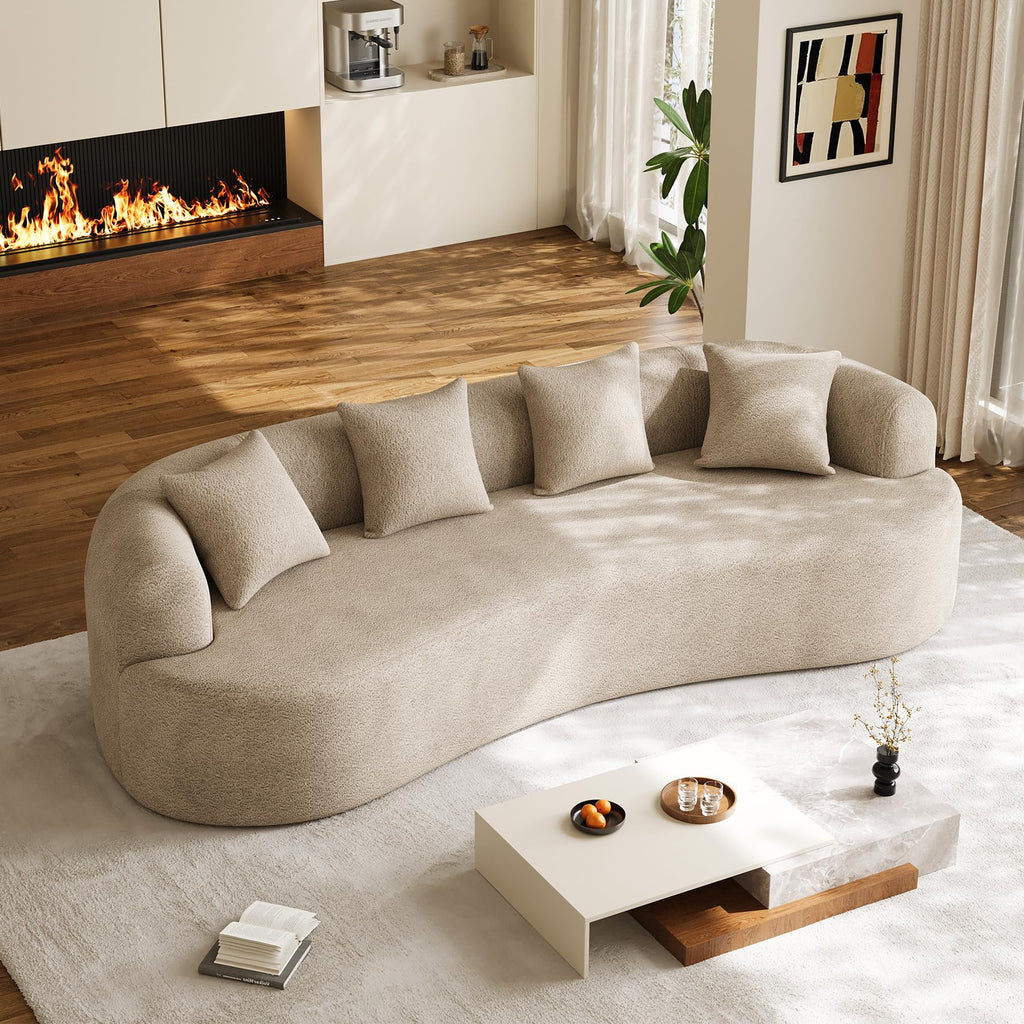Modern Curved Couch, Oversized 4 Seater Boneless Chenille, Light Brown