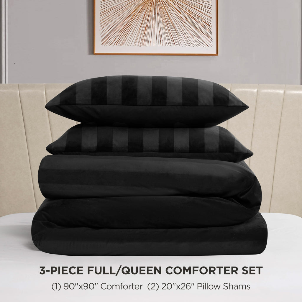 Jenny Velour Striped Jacquard Size Comforter Bedding Set Ensemble - Black 3 Piece Set