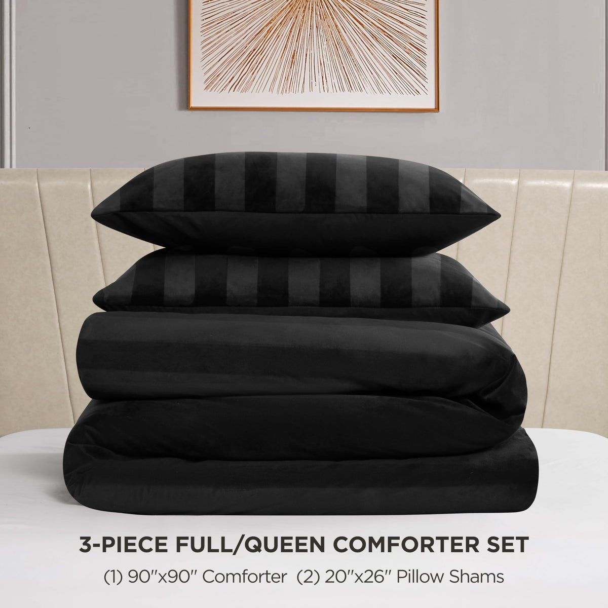 Jenny Velour Striped Jacquard Size Comforter Bedding Set Ensemble - Black 3 Piece Set