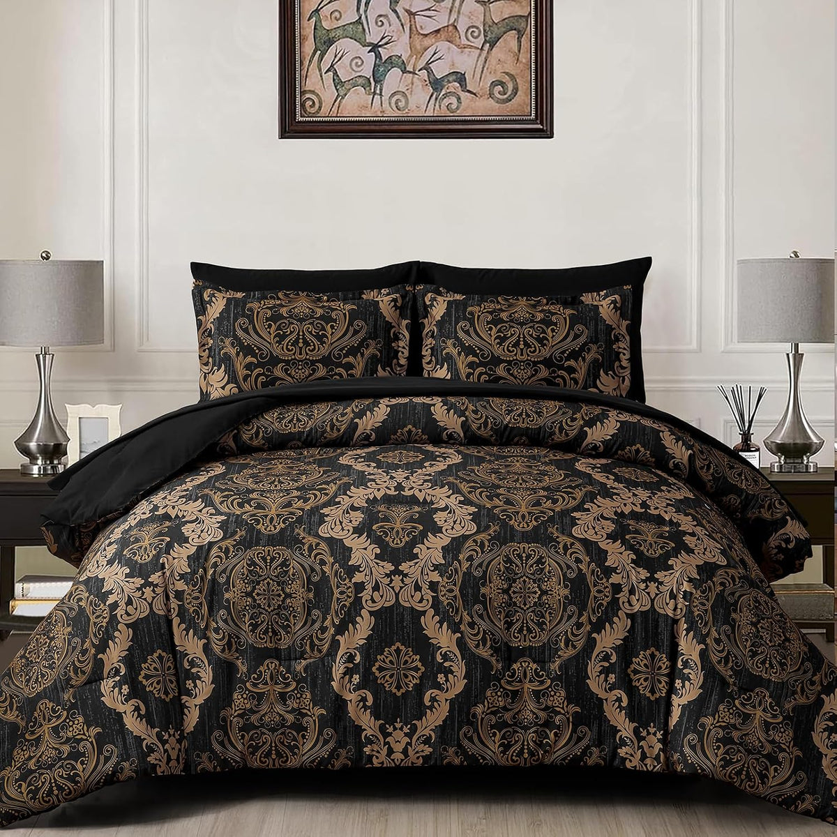 Black and Gold Damask Comforter Set, 7-Piece Microfiber Bed in a Bag
