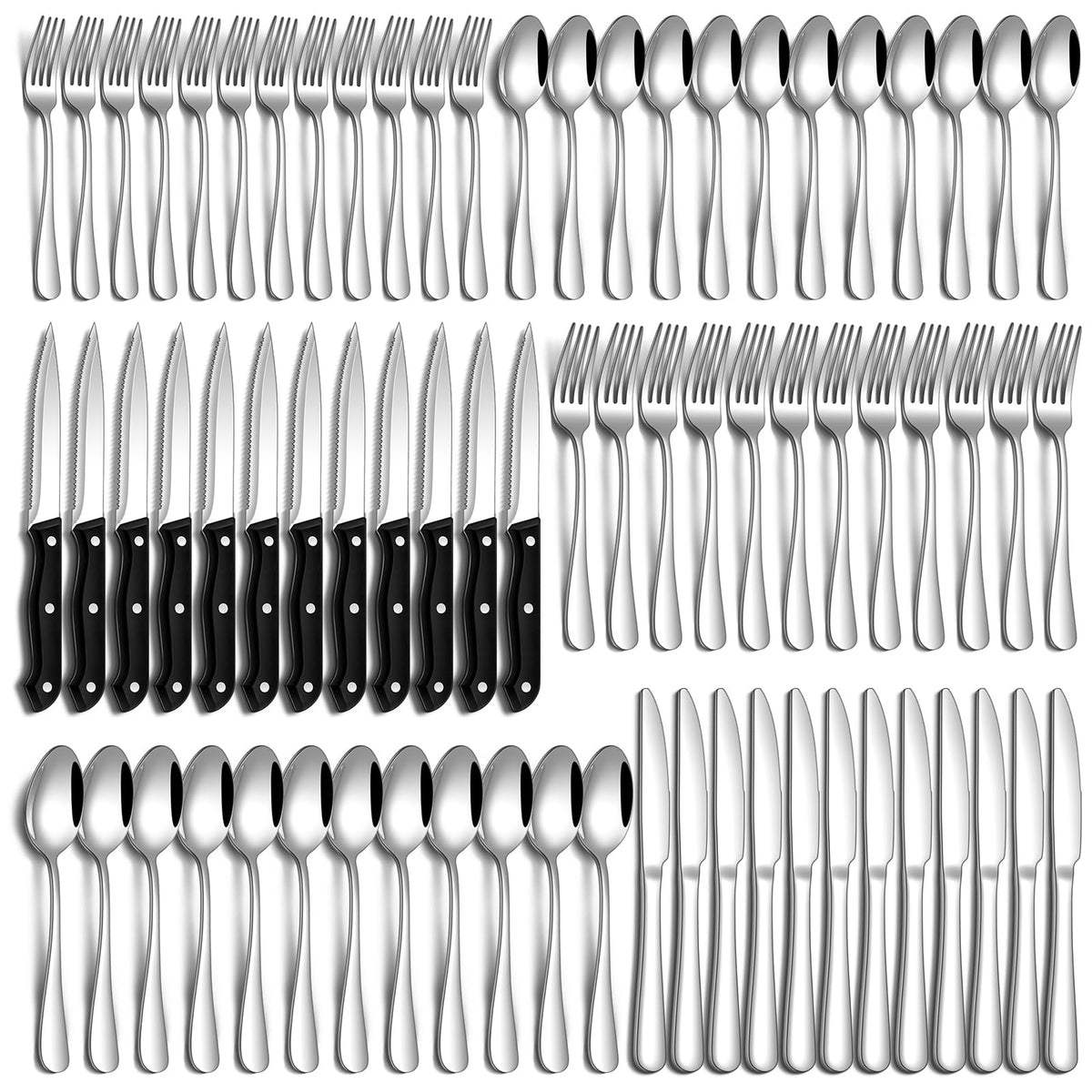 72 Pcs Silverware Set with Steak Knives Food-Grade Stainless Steel Flatware Set for 12 Mirror Cutlery Include Forks